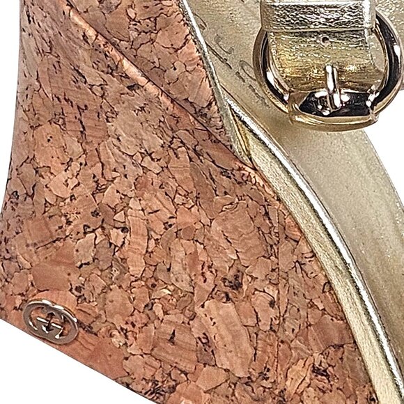 Gucci Women’s Gold Wedge Sandals 8.5 B Cork Heel Minimalist Resort Chic Boho - Picture 15 of 16